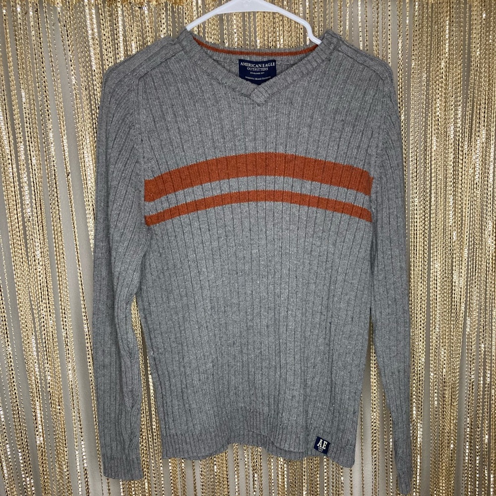 AE wool & cotton heavy knit sweater grey v neck with orange stripe